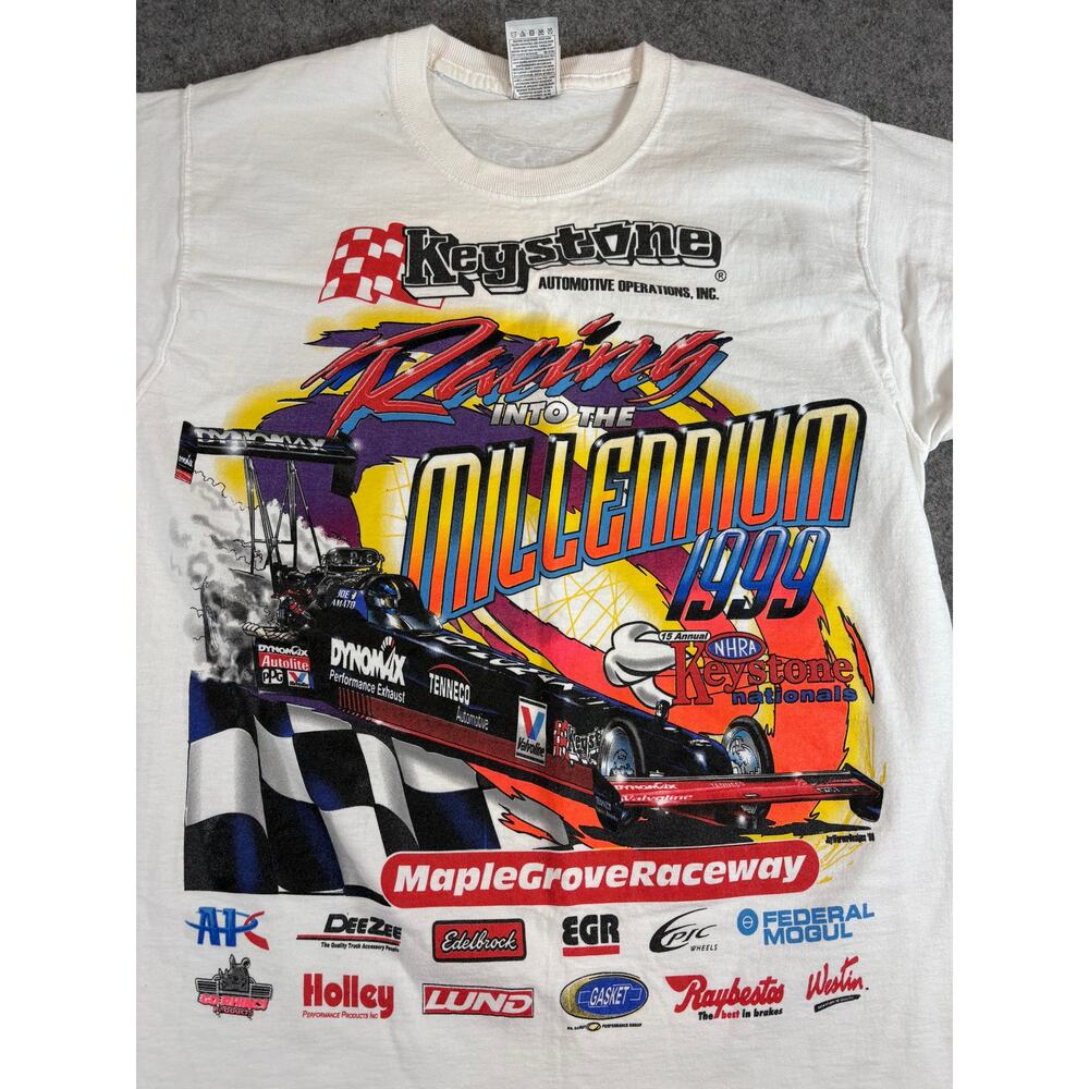 Vintage 90s Keystone Automotive NHRA Racing Shirt Mens White Graphic Tee Medium-